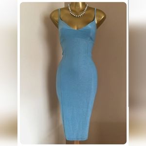 KAREN MILLEN - 14 UK - RARE VINTAGE LIGHT BLUE SHIMMER WIGGLE DRESS.
